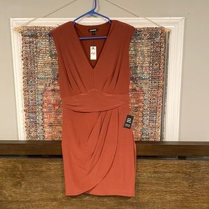 Strong shoulder faux wrap front mini dress